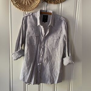 Guess Men’s Cotton Linen Dress Shirt-Black and White Pinstripe-Lightweight-Large